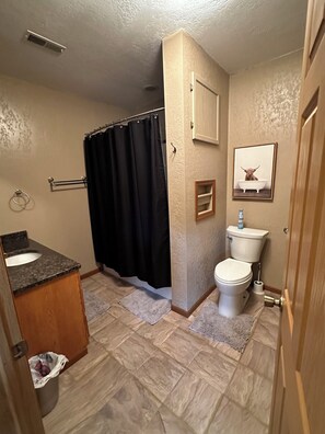 Een douche, handdoeken, zeep, toiletpapier