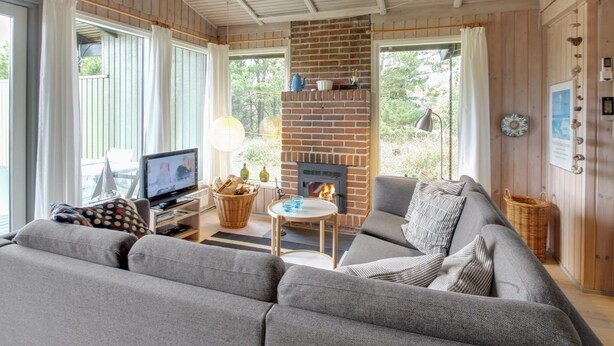 Een gezellige woonkamer met een open haard, een bank, een televisie en uitzicht op de natuur.