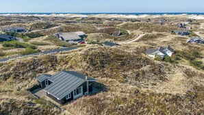 A modern house with a flat roof and large windows, surrounded by dunes and a clear view of the ocean. - "Vina" - 200m to the fjord by Interhome (Hvide Sande)