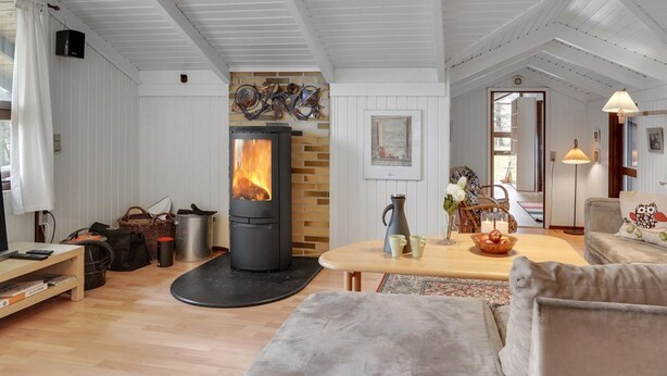 A cozy living room with a wood-burning stove, a comfortable sofa, a dining table, and a fireplace. - "Hildegarda" - 1km from the sea by Interhome (Sæby)