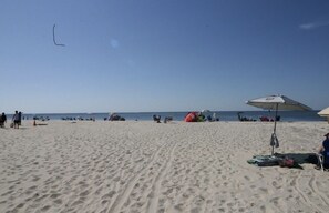 A beach with people, umbrellas, and beach equipment.