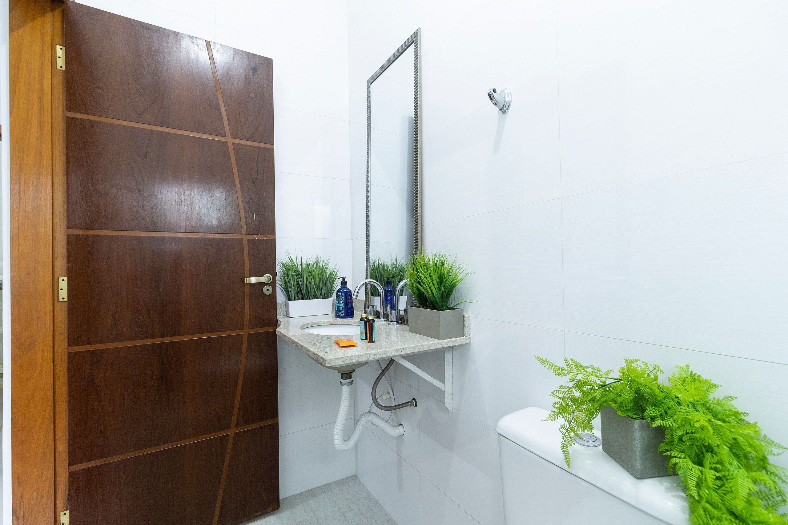 Une salle de bain avec une porte en bois, un lavabo avec un miroir et deux plantes en pot.