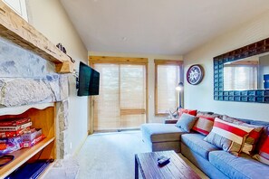 Fernseher, Kamin, DVD-Player, Bücher