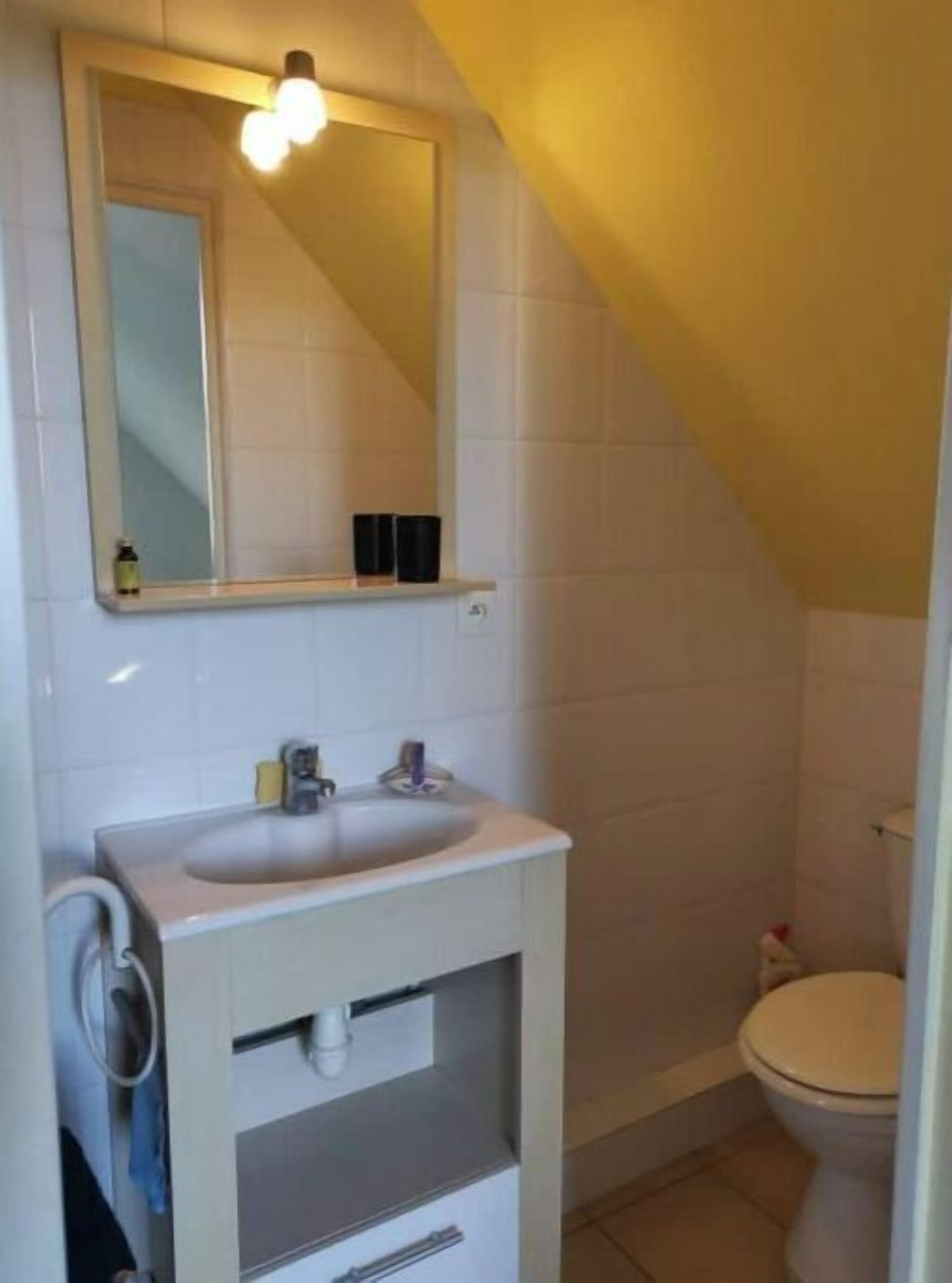 A small, compact bathroom with a white sink, a mirror, and a toilet.