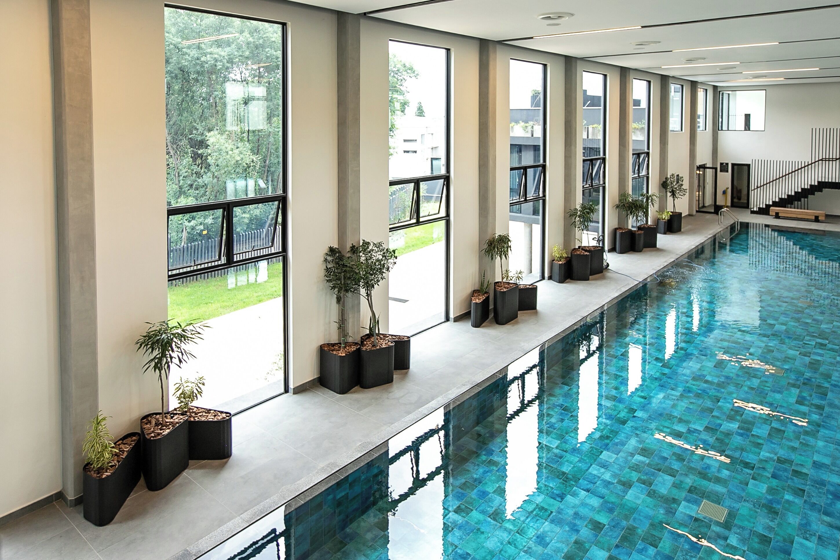 Una piscina interior amplia con ventanas grandes y plantas en macetas a lo largo de los lados.