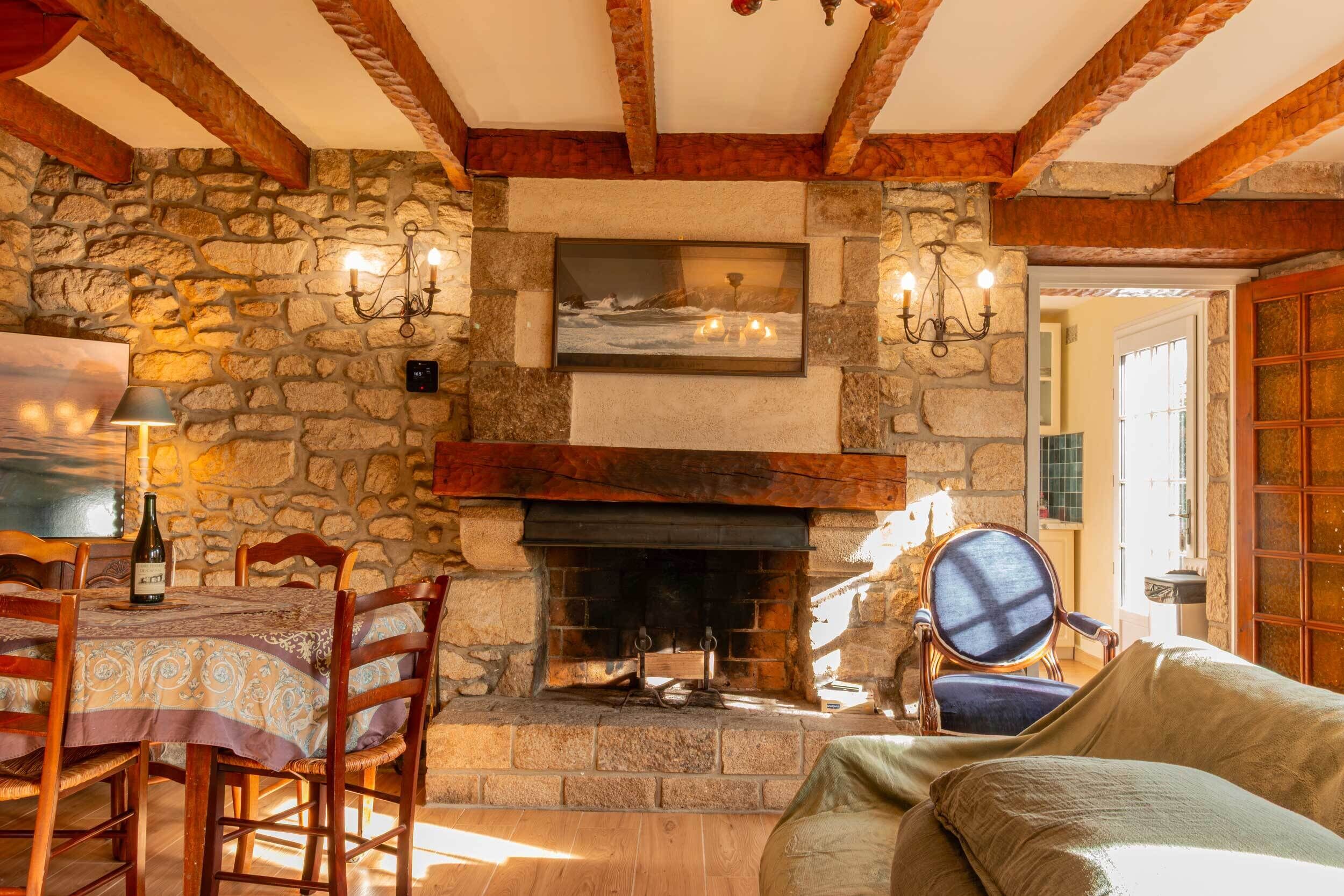 Smart TV, fireplace, books