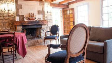 TV connectée, cheminée, livres