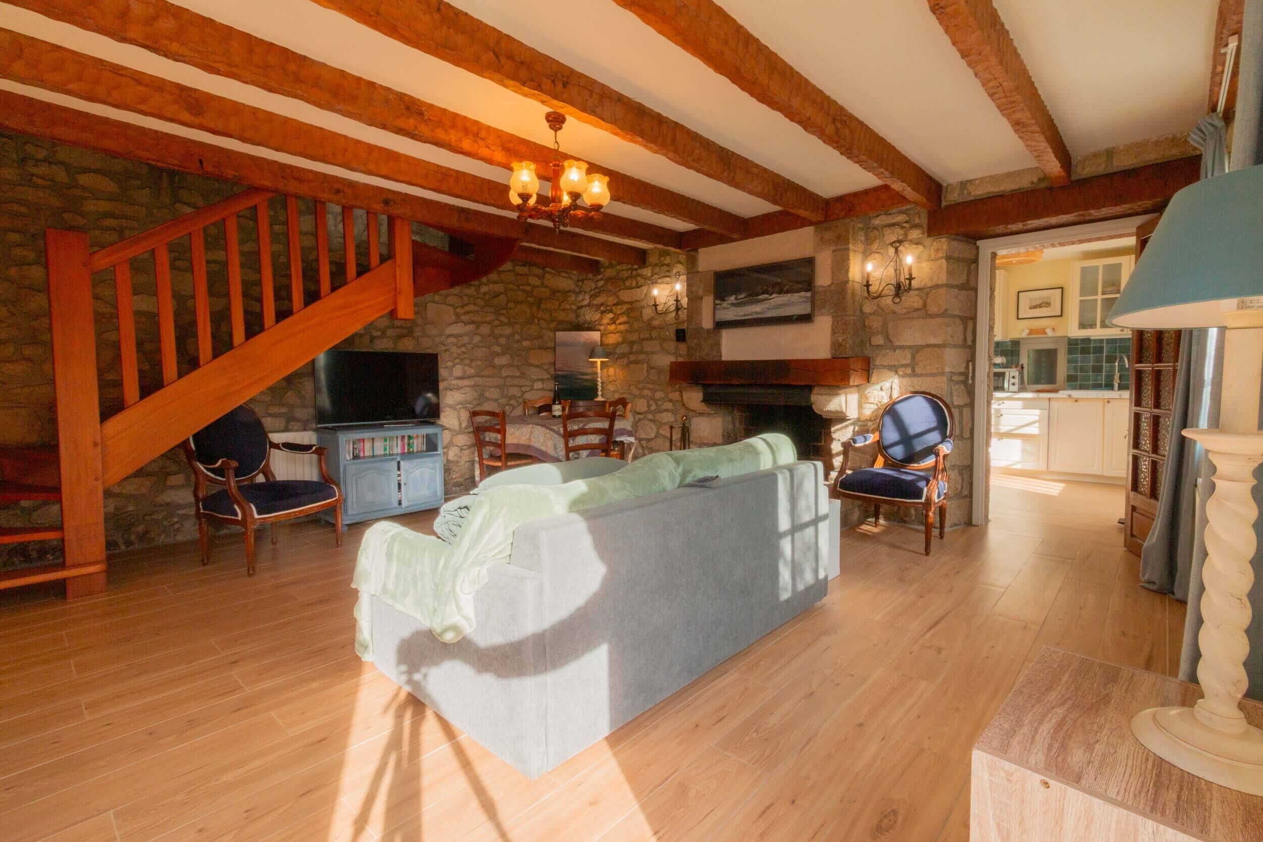 TV connectée, cheminée, livres