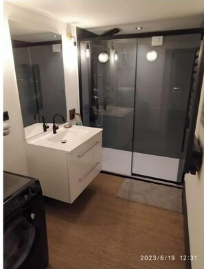 Hair dryer, towels, soap, toilet paper