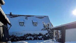 Ein verschneiter Pfad führt zu einem Haus mit Garage.