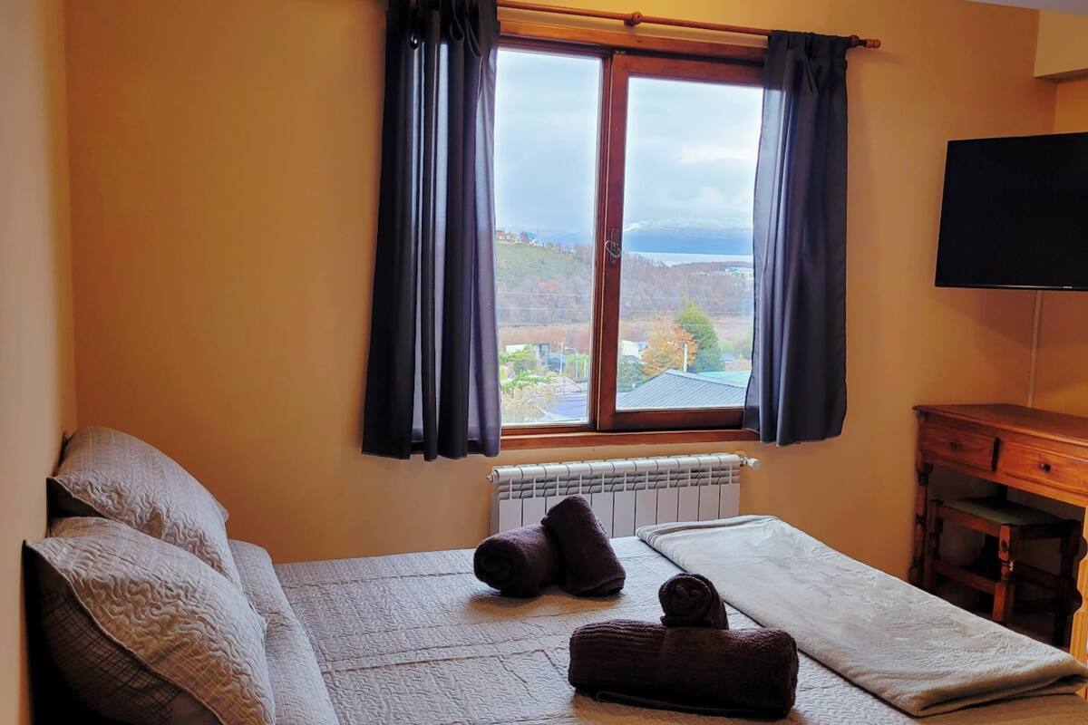 A bedroom with a bed, a window with curtains, a radiator, a TV, and a wooden nightstand.