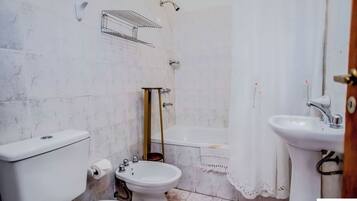Combined shower/tub, rainfall showerhead, bidet, towels