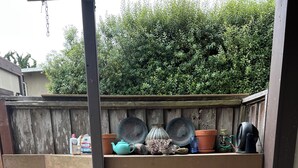 Eine Terrasse mit zwei Stühlen, einem kleinen Tisch und einem Regal mit verschiedenen Gegenständen.