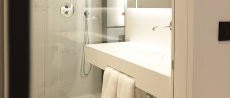 A modern bathroom with a glass-enclosed shower, a white sink, and a large mirror.