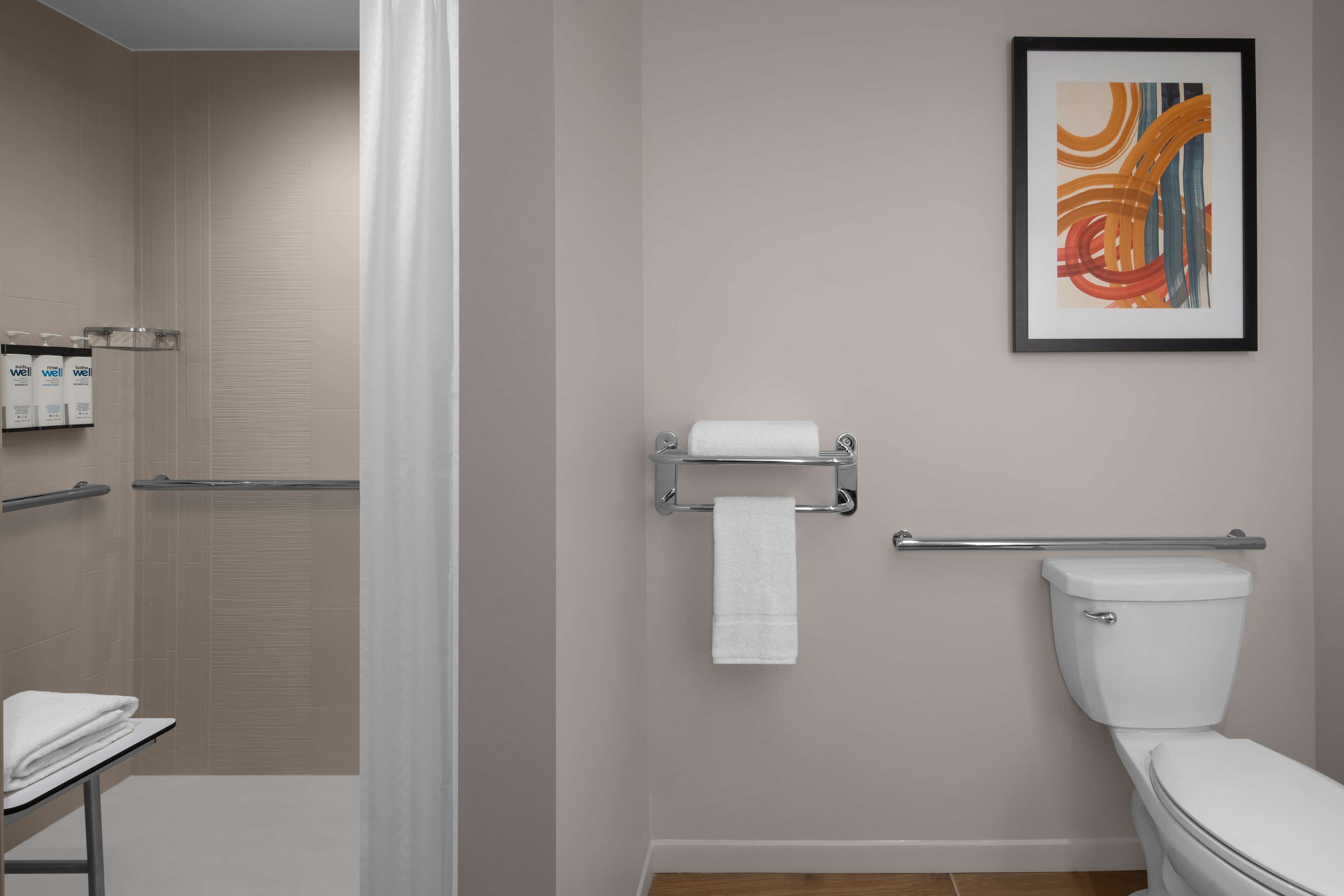 A bathroom with a shower, toilet, and a framed abstract painting on the wall.
