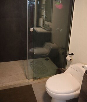 A bathroom with a glass-enclosed shower, a toilet, and a sink. - Casa Corsario (Mazatlán)
