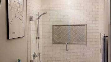 Hair dryer, towels, soap, shampoo