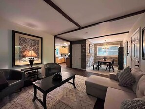 Smart TV, fireplace, DVD player, books