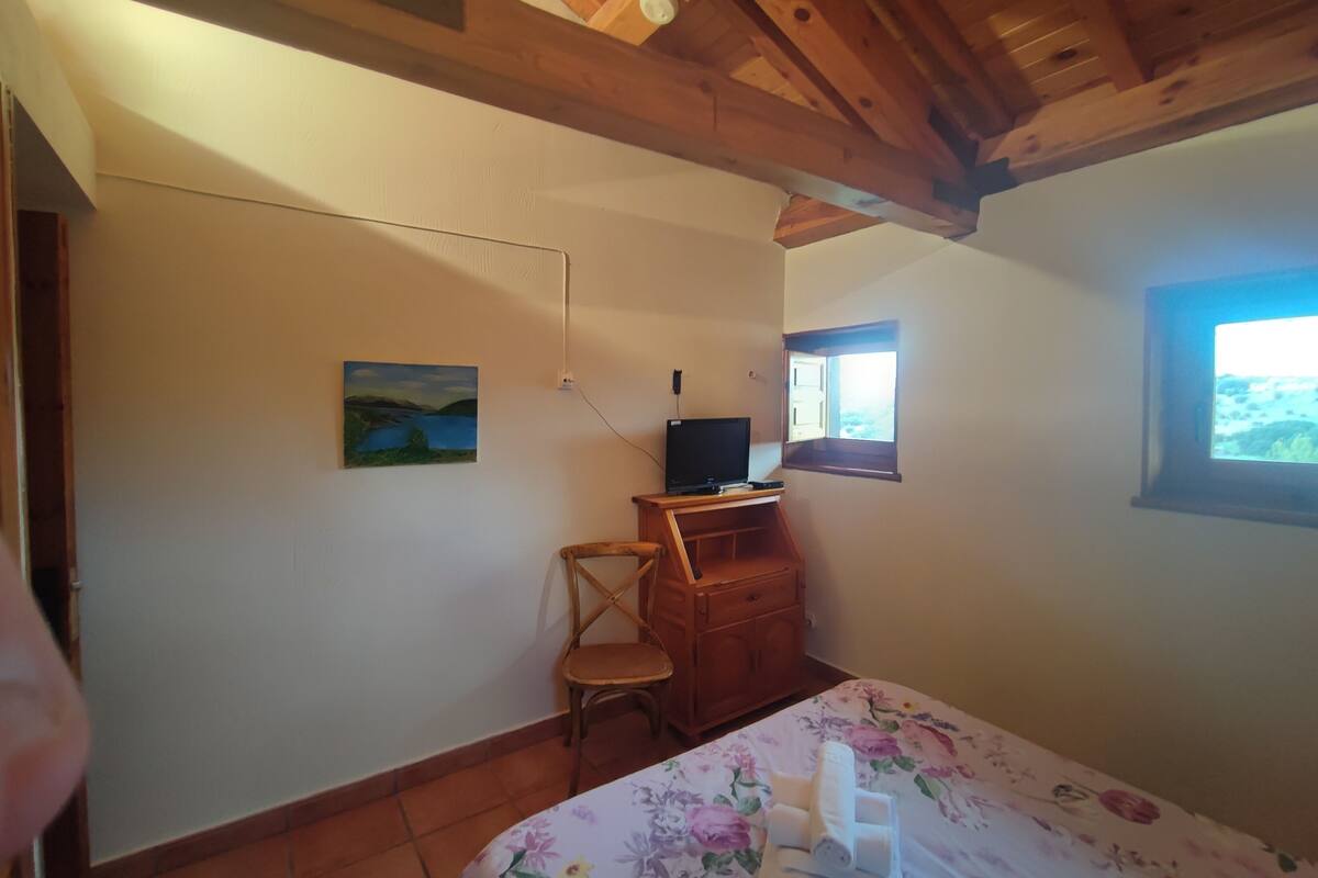A bedroom with a bed, a wooden desk, a chair, a television, and a window.