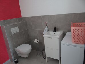 Regadera, secadora de cabello, toallas, papel de baño 