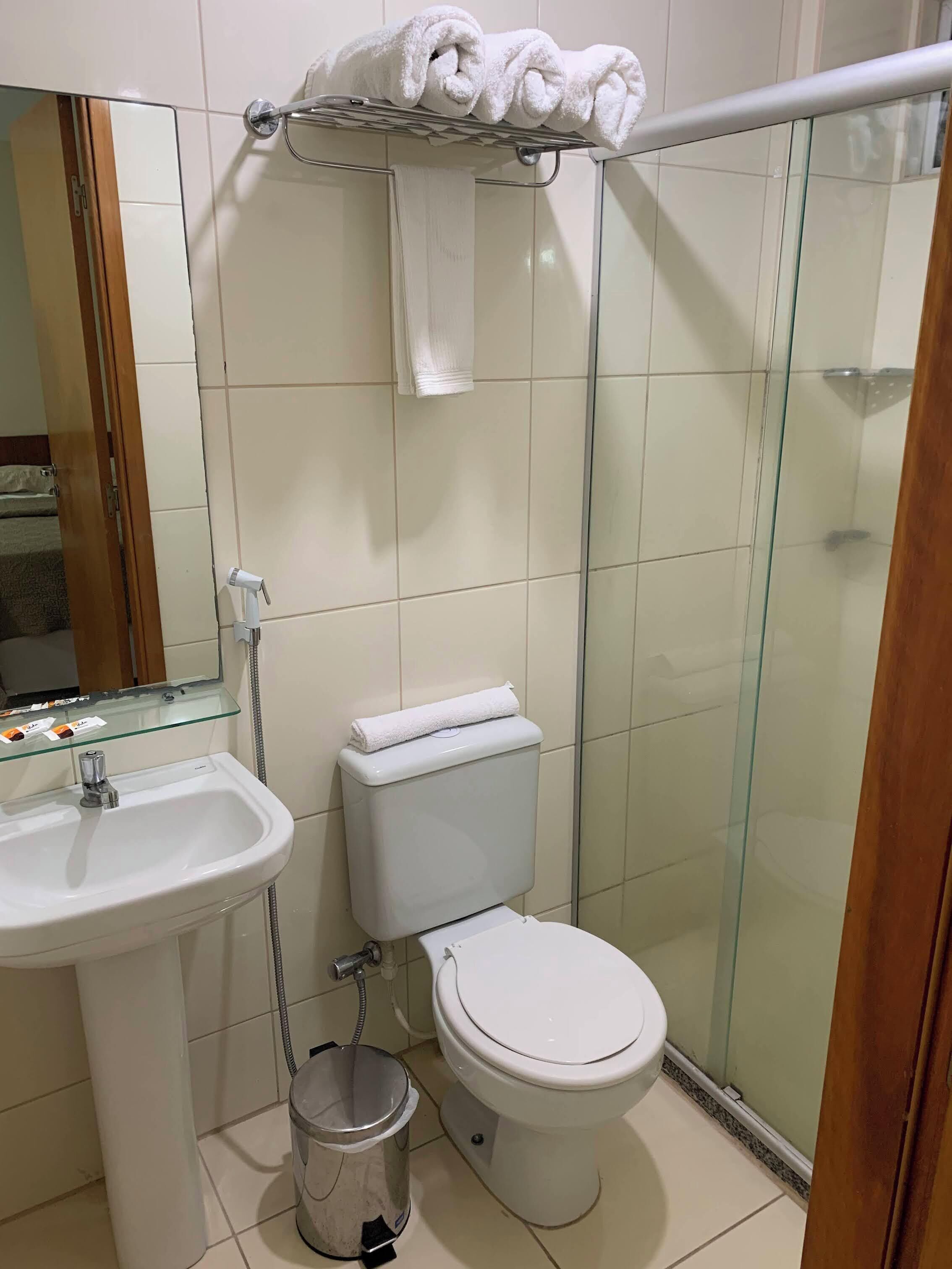 Baño con cabina de ducha de vidrio, inodoro, lavabo y toallero con toallas dobladas.