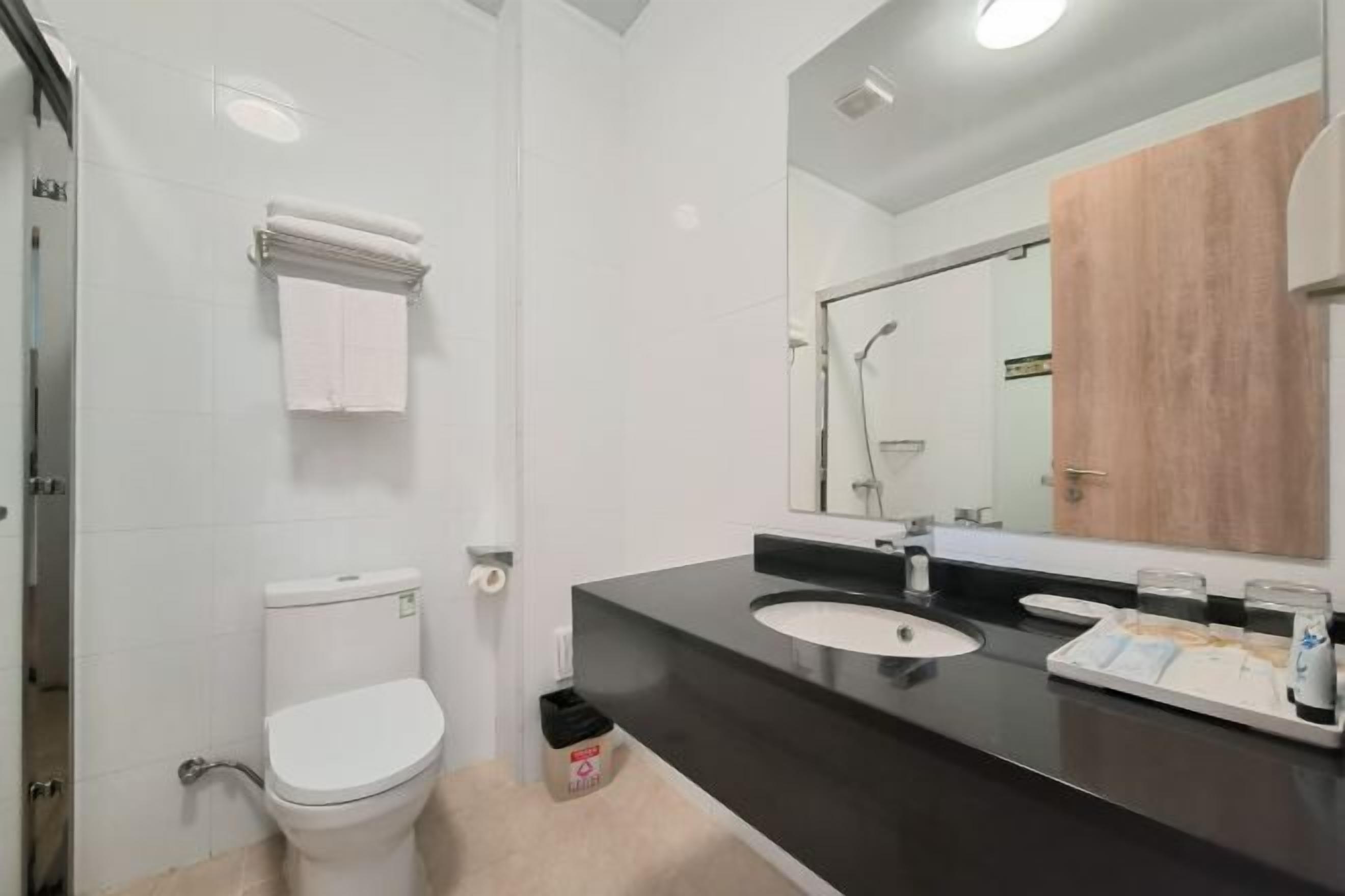 A modern bathroom with a toilet, sink, and mirror.
