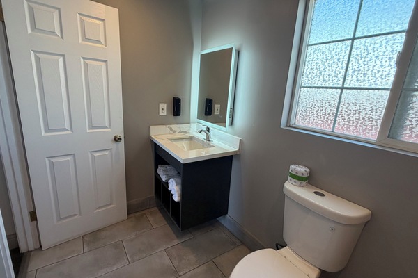 Hair dryer, towels, soap, shampoo
