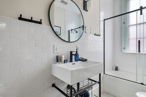 Hair dryer, soap, shampoo, toilet paper