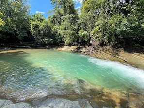 Une rivière aux eaux claires et turquoise, bordée d’une végétation luxuriante.