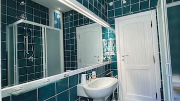 Hair dryer, bidet, towels, soap