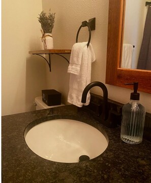 Secadora de cabello, toallas, jabón, shampoo