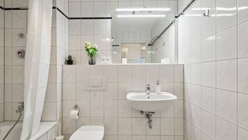 Hair dryer, towels, soap, shampoo