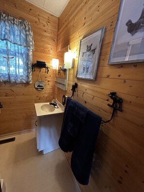A wooden-paneled bathroom with a sink, mirror, and towel rack. - A cozy Adirondack cabin with mountain and lake views! (Wells)