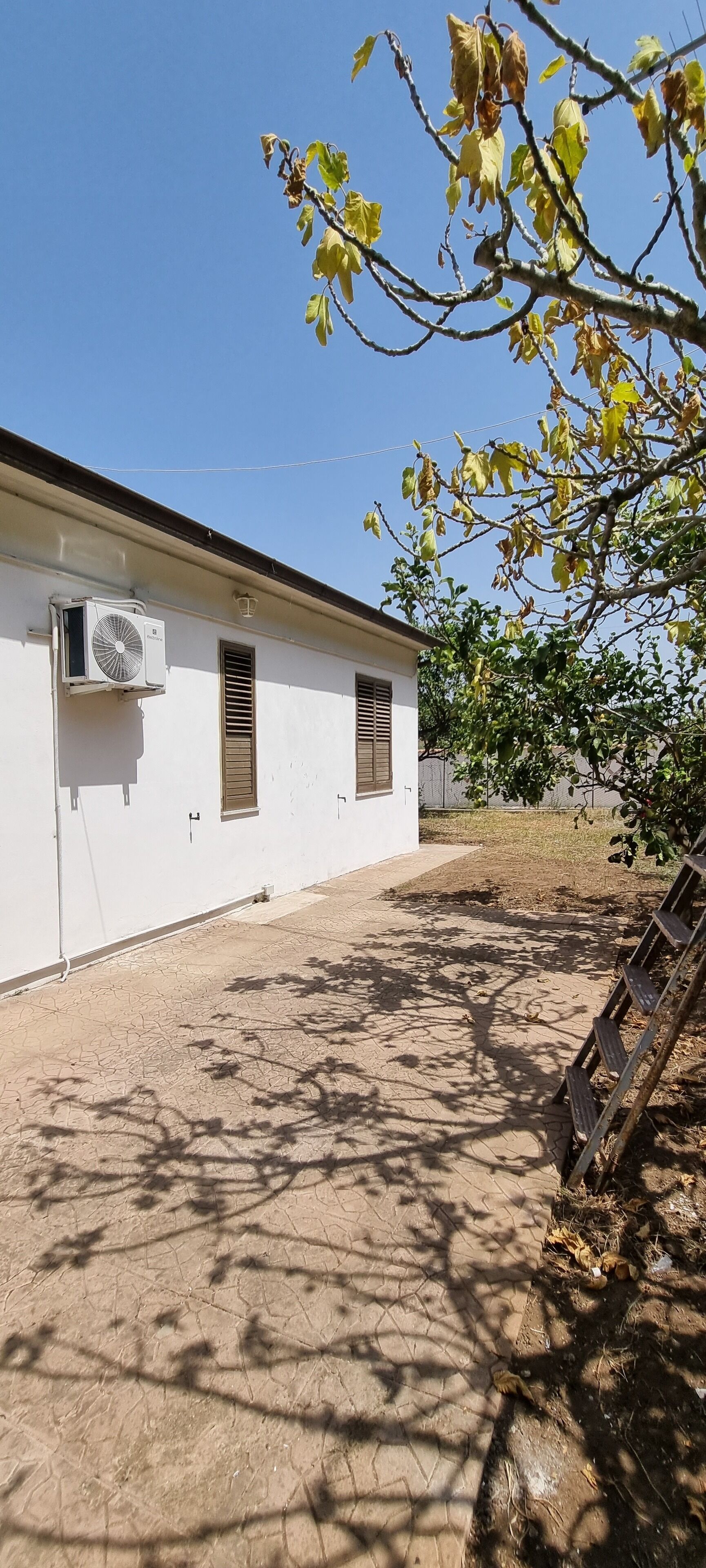 Un bâtiment à la façade blanche, avec un seul climatiseur fixé au mur, et une zone pavée où l’ombre des arbres voisins se projette.