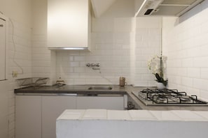 A kitchen with white cabinets, a stainless steel sink, a gas stove, and a small potted plant.