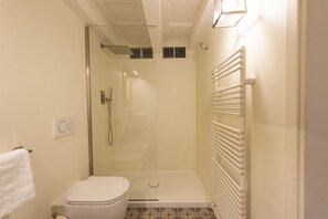 A small, modern bathroom with a toilet, a glass-enclosed shower stall, and a white towel hanging on the wall.