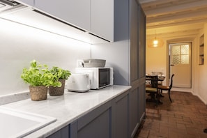 Eine Küche mit Arbeitsplatte, einer Mikrowelle, einem Toaster und Topfpflanzen.