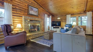 TV, fireplace, foosball, books