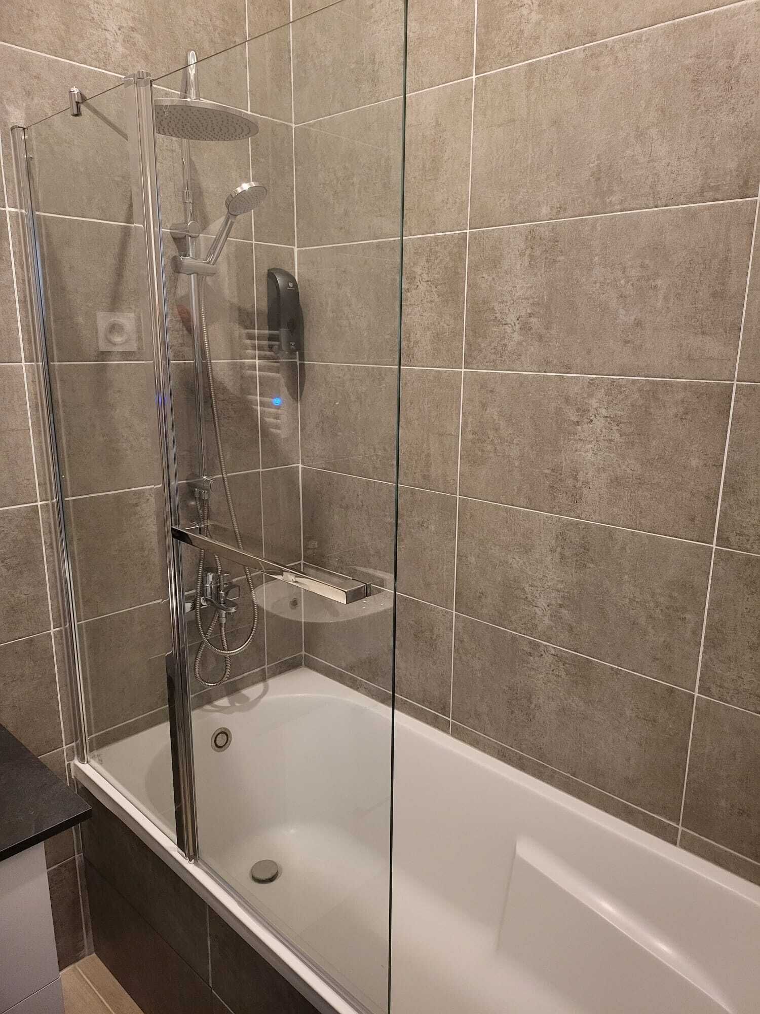 A modern bathroom with a glass-enclosed shower, a white bathtub, and a handheld showerhead.
