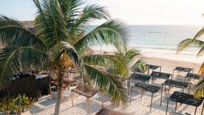 A poolside area with lounge chairs and a person swimming, surrounded by palm trees and a beach view. - Dhalia -Private roof with pool & Beach Club Access (Tulum)