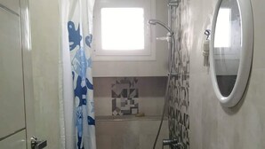 Une petite salle de bain avec une douche, un lavabo et un miroir.