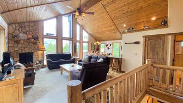 Smart TV, fireplace, books