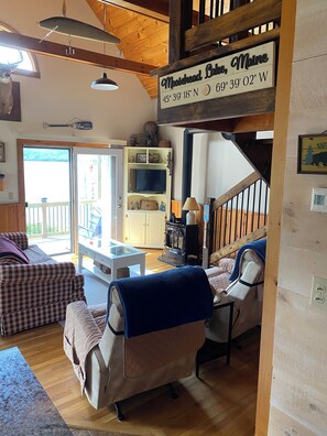 TV connectée, cheminée, lecteur de DVD, livres