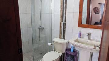 Chuveiro, toalhas de banho, sabonete, papel higiênico