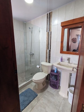 Shower, towels, soap, toilet paper