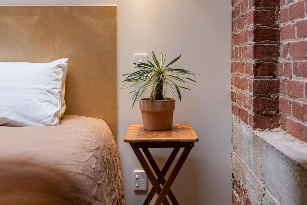 A bed with a white pillow and a brown blanket, a wooden nightstand with a potted plant, and a brick wall.