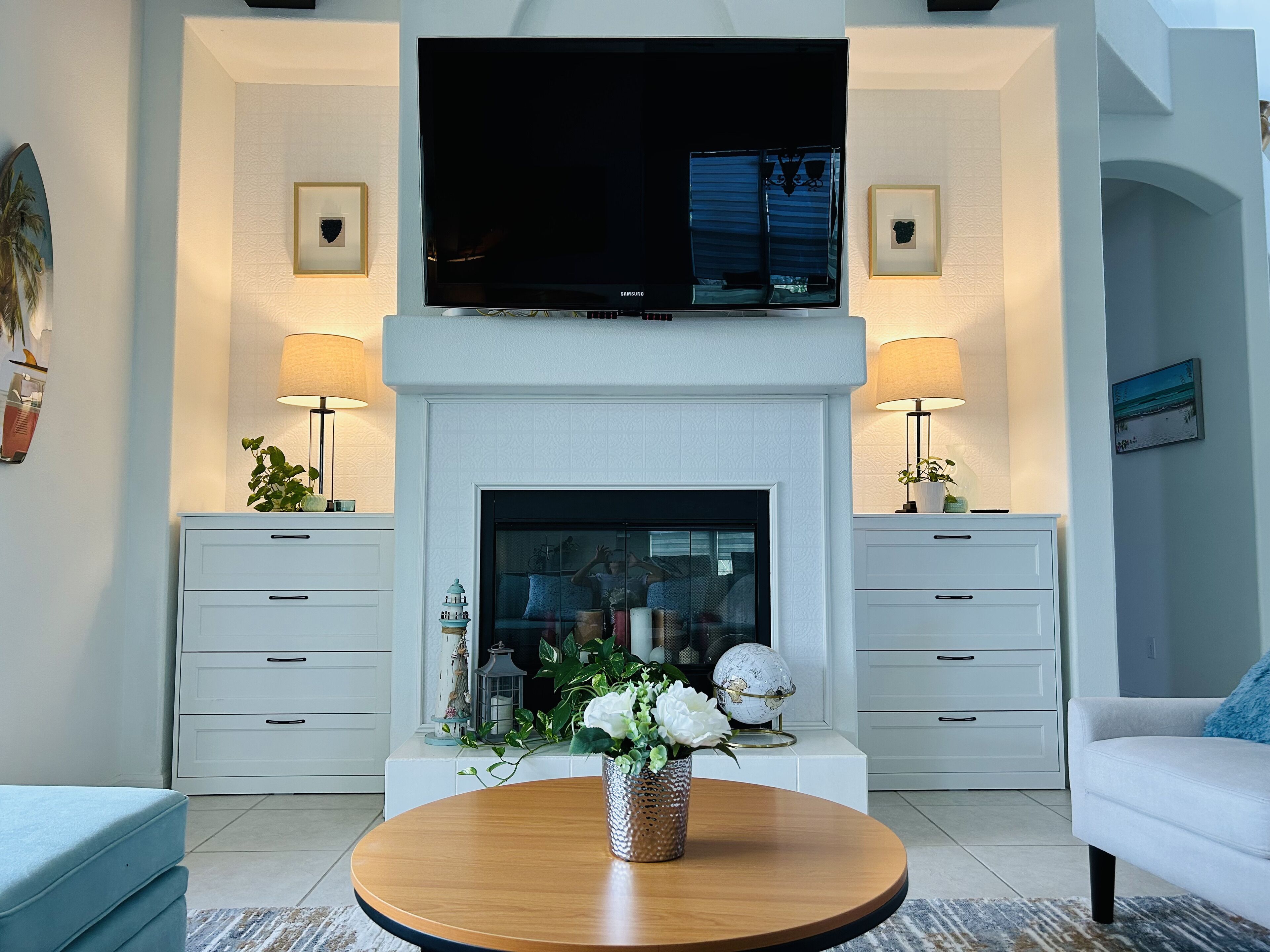 Smart TV, fireplace, video games, foosball