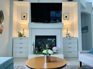 Smart TV, fireplace, video games, table football