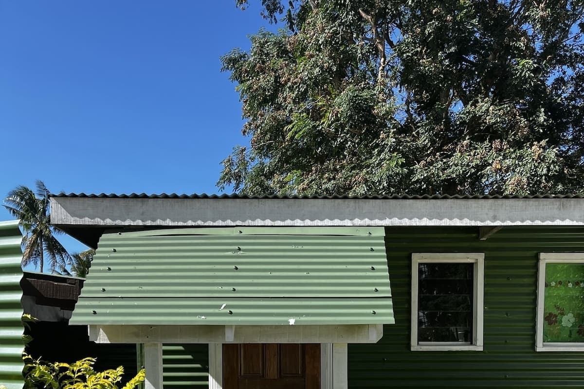 A green building with a corrugated metal roof, a wooden door, and a small window. There are green plants in front of the building.