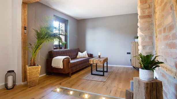 Un salon chaleureux avec un canapé en cuir marron, une table basse et une plante en pot.